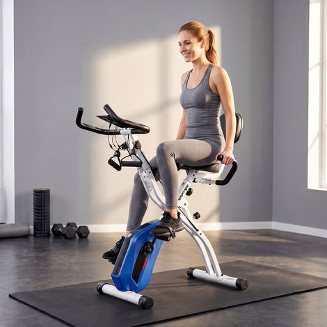 Vélo d'Appartement Pliable 3-en-1 Fitness Connecté Bluetooth Kinomap & Zwift, Silencieux, Cadre 105x53,5x109cm, Bleu (1/5)