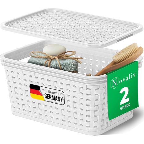 Novaliv lot de 2 paniers de rangement élégants avec couvercles aspect rotin Plastique alimentaire blanc 1L Parfait pour la salle de bain et le