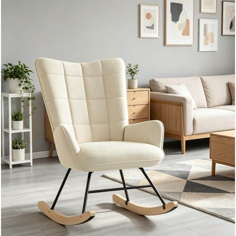 Fauteuil à bascule TV beige avec dossier haut, accoudoirs et structure en métal, OKWISH (1/5)