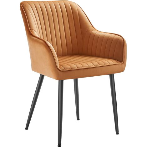 Songmics – Chaise de salle à manger rembourrée en velours – Accoudoirs – Pieds en métal – Charge max 120 kg – Dimensions 60x62,5x85 cm – Marron caramel et noir d'encre