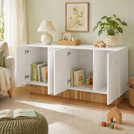 MEUBLIV Buffet 160x38x75 cm blanc et bois – 4 portes, grand rangement (1/5)