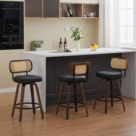 Lot de 3 tabourets bar pivotants rotin 66 cm, dossier cannage, assise capitonnée, finition noyer (1/5)