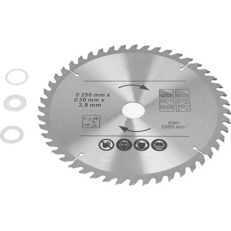 250 mm Hartmetall-Kreissägeblatt für Tischlerarbeiten, Holzbearbeitung, 5500 U/min, 250 x 48 Zähne x 30 mm Bohrung. (1/5)