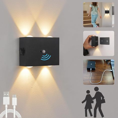Lampe Murale Sans Fil Rechargeable, Intérieur Applique Detecteur de Mouvement, 4W Applique Murale en Aluminium Lumière du Couloir Magnétique avec 4000mAh Piles, Noir (1/5)