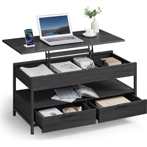 Couchtisch höhenverstellbar 100 x 50 x 48–63 cm – Wohnzimmertisch mit Schubladen und offenem Fach, Kaffeetisch mit Stauraum
