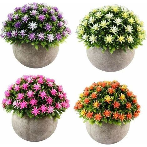 Lot de 4 Petites Plantes Artificielle des Fleurs avec Pot,Intérieur Exterieur pour Déco.(Orange+Rose+Jaune+Violet) (1/3)