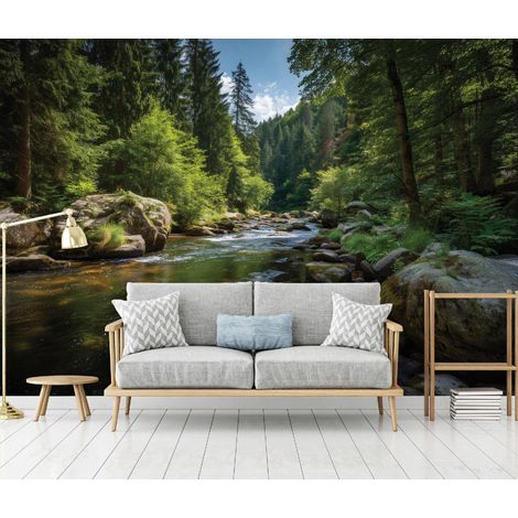 Fototapete Wald Fluss Natur Bäume, für Wohnzimmer und Schlafzimmer, 150 x 105 cm – Komplettset inkl. Kleister & Anleitung (1/5)