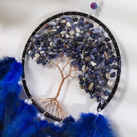 Attrape-rêves Arbre de Vie fait main avec plumes bleues - Décoration murale pour chambre d'enfant, maison ou voiture - Bleu (1/3)