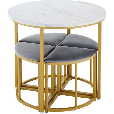Set tavolo da pranzo rotondo 80 cm con 4 sedie in MDF e metallo, grigio e bianco (1/5)