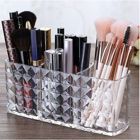 1 - Rangement Maquillage - Organisateur Pinceaux - 3 Fentes Acrylique Cristal - Pour Cosmétiques Et Stylos - Bureau Salle De Bains - Transparent - 20x8x10cm (1/5)