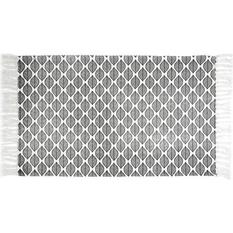 Tapis de cuisine rectangulaire 50x80 cm en coton – Motif feuilles – Finition pompons – Lavable en machine à 30°C – Linnea (1/3)