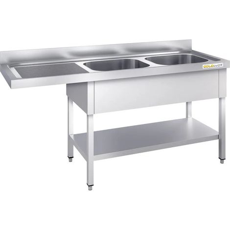 Plonge lave-vaisselle inox 2 bac 1600x700 mm avec égouttoir à gauche PREMIUM - GOLDINOX (1/4)