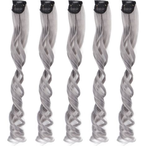 Lot de 5 extensions de cheveux bouclées et colorées à clipser, pour femmes et filles. Couleur : gris. (1/5)