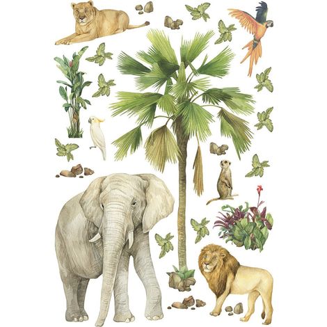 Stickers animaux de la jungle : éléphant, lion, perroquet - 1 planche 30x30cm (1/5)