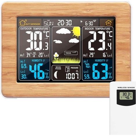 Drahtlose digitale Wetterstation mit Außensensor, Uhrzeit, Datum, Temperatur, Luftfeuchtigkeit, Barometer, Alarm, Mondphase, multifunktional (1/5)