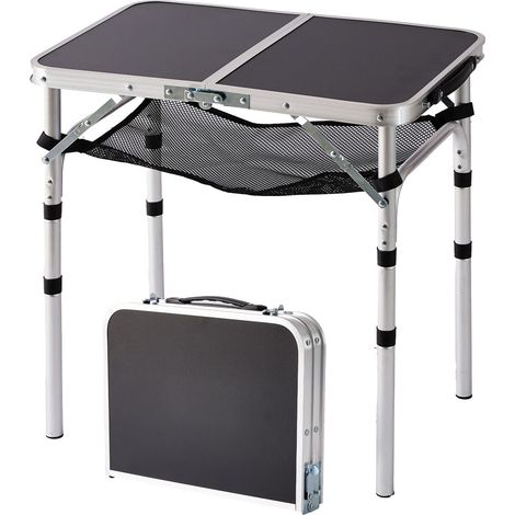 Relaxdays camping table, folding, height-adjustable, HxWxD: 60x60x40 cm, aluminium, MDF, weatherproof, black (1/5)