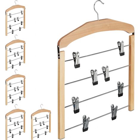 Set of 6 Relaxdays Multiple Trouser Hangers, Wooden Coat Hanger with Rail, Non-Slip Bars, HWD 45.5 x 39 x 2.5 cm