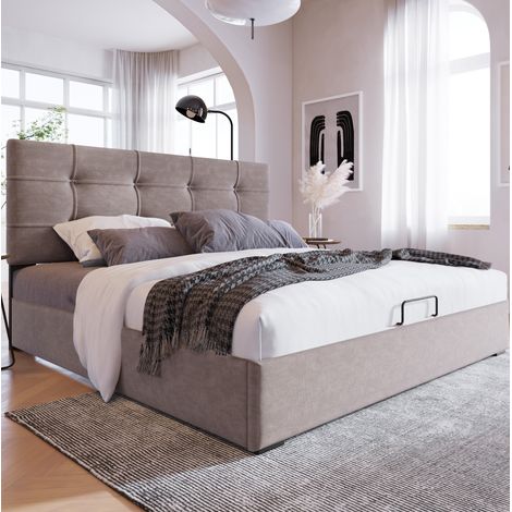 Cama doble moderna 140x200 cm en terciopelo gris claro, cabecero regulable, somier de láminas y arcón (1/5)