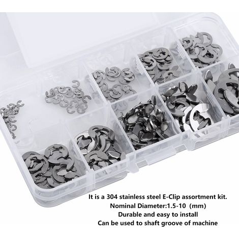 Lot de 120 anneaux de retenue en acier inoxydable 304, de forme en E, de 1,5 à 10 mm de diamètre, conditionnés en boîte. (1/5)