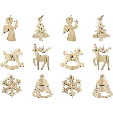12 décorations de Noël rétro en bois à suspendre, éléments décoratifs ajourés faits main pour la maison et les fêtes (motifs variés)-M