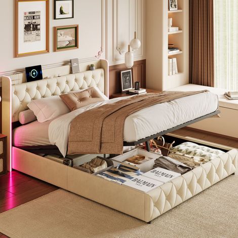 Letto contenitore 160x200 cm con LED RGB e USB, letto imbottito in velluto beige, testiera morbida, rete a doghe