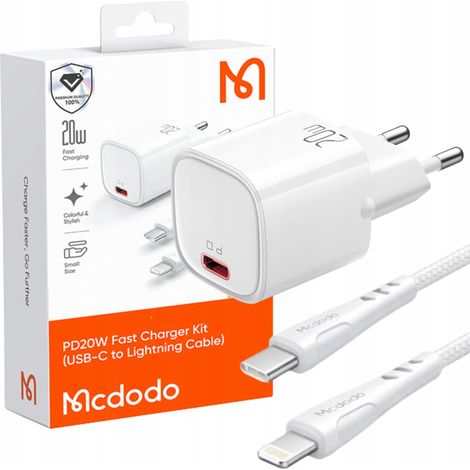Cargador de pared rápido MCDODO para iPhone Lightning, 20W, cable de 1M.
