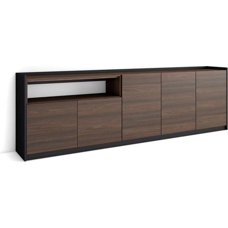 Aparador Ardales-01 de 260x80x37 cm con 5 puertas, color roble oscuro y negro (1/4)