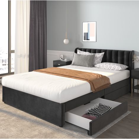 Cama doble tapizada con 2 cajones y somier negra OKMYHOME (1/5)