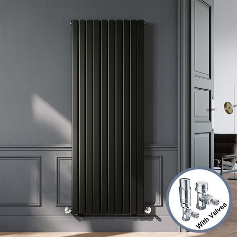 ELEGANT Black Designer Vertical Radiator Double Panel Rads 1800 x 680mm with Chrome Angled Thermostatic Radiator Valves (1/5)