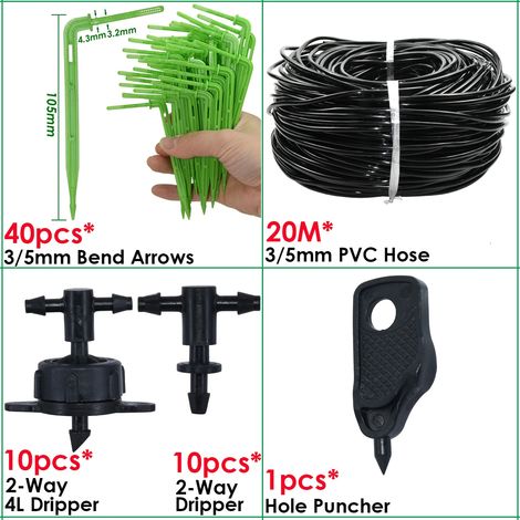 (KSL01-KIT380-4L-2WAY) Système d'irrigation goutte à goutte pour serre, 4 voies, 3/5 mm, 2 voies, avec émetteur fléché. Système d'arrosage automatique pour plantes en pot. (1/4)