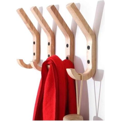 4 Pieces Rubber Wood Wall Coat Hooks Coat Racks with Two Hooks, 16 x 6 x 2.5 cm (1/4)