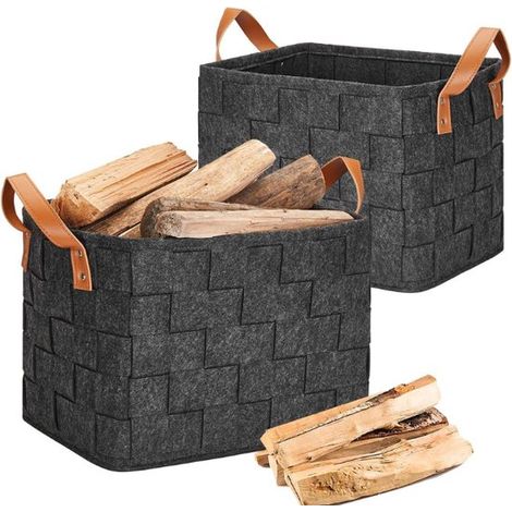 Set aus 2 großen, faltbaren Holzkörben für Brennholz, geflochten mit Ledergriff, für Brennholz, Holz und Zeitungen, 40 x 30 x 30 cm, dunkelgrau (1/2)