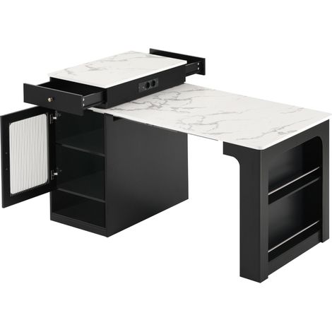 Isola da cucina con ruote, tavolo allungabile con prese integrate, MDF e truciolare, bianco e nero (1/5)