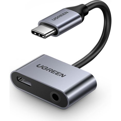Adattatore audio a doppia porta USB-C (maschio) - mini jack da 3,5 mm / USB-C (femmina) - grigio (1/5)