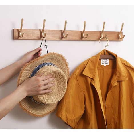 Cintre mural en bois, 6 crochets en bois massif, patère en bois, patère murale en bois (66 cm)