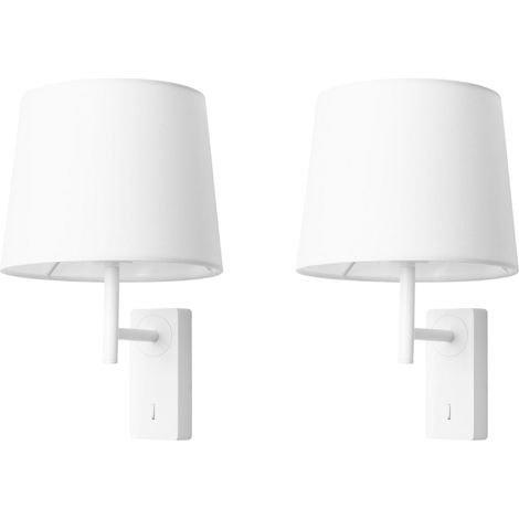 Aura - 2 Apliques de Pared para Dormitorio E27 con Interruptor ON/OFF en la Base. Color Blanco con Pantalla de Textil (1/3)