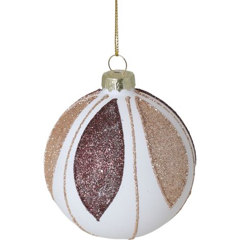 Pallina di vetro bianca con glitter oro e marrone, 8 cm (1/2)