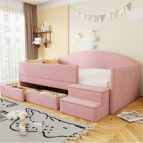 Lit simple enfant 90x190 cm en velours rose, avec rangement pour chambre, sans matelas FloraGrace (1/5)