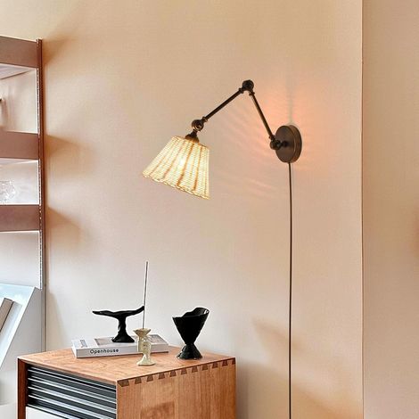 Applique murale avec bras orientable et abat-jour en rotin, E27 20cm (1/5)