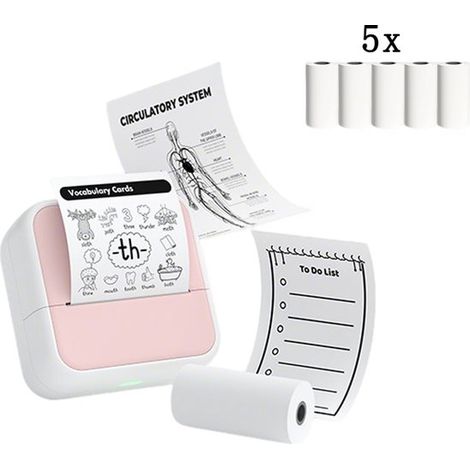 Mini imprimante d'autocollants, imprimante thermique Bluetooth portable, sans encre, incluant 5 rouleaux de papier autocollant rose. (1/5)