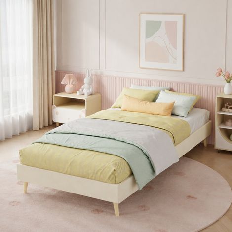 Letto 90x200 cm beige in tessuto, giroletto minimalista con struttura in metallo HAVRYA (1/5)