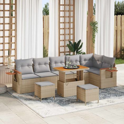 Ensemble salon de jardin 9 pièces en polyrotin beige, canapé modulable avec table - PANGIVO (1/5)