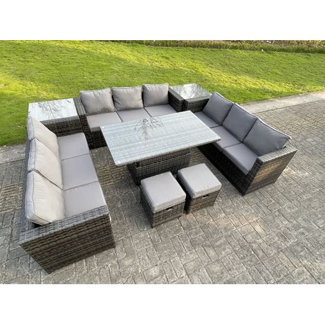 Fimous U Shape Rattan Gardern Furniture Dining Sofa Set Adjustable Rising Dining Table With 2 Side Coffee Table Extra 2 Stool