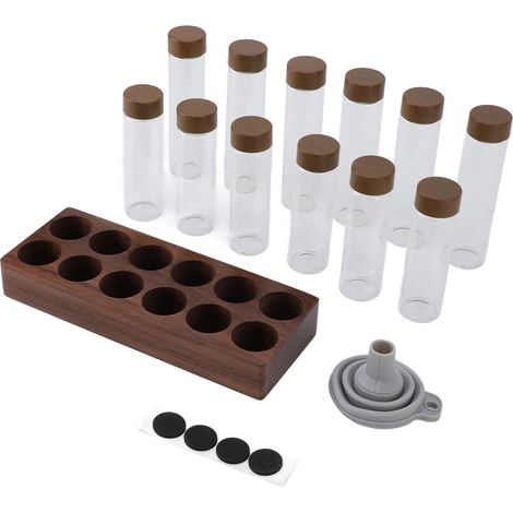 Tubes de stockage de grains de café, bocaux doseurs scellés en verre avec support en noyer, entonnoir pour thé, épices, bonbons, 6 hauts et courts, 12 pièces