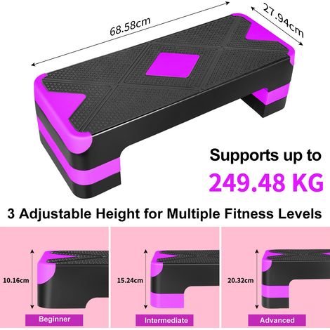 Step aeróbico ajustable 3 alturas, plataforma fitness 68,58 x 27,94 cm, violeta DESVIAE
