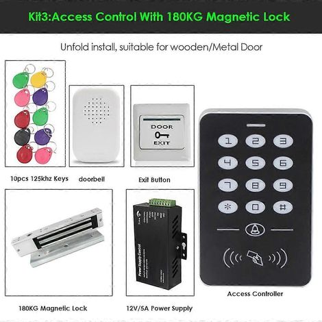 Kit de système de contrôle d'accès pour porte unique, lecteur de cartes, clavier, kit de contrôleur d'accès (180 kg), serrure électronique, alimentation, kit de clés intelligentes (3 kits) (1/5)