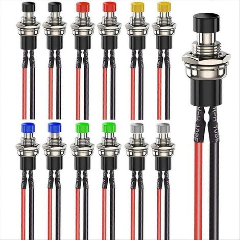 Lot de 12 mini-interrupteurs à bouton-poussoir momentané de 7 mm, précâblés marche/arrêt, bouton rond à 2 broches, multi-tension 3 V-230 V/1 A pour applications ferroviaires (1/5)