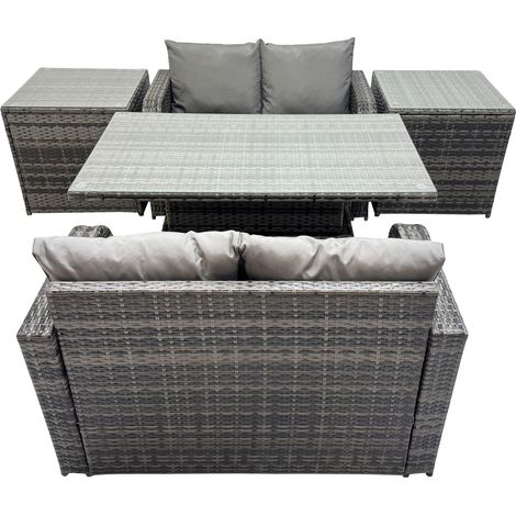 Fimous 4-seater Patio Height Adjustable Rising Lifting Table Sofa Sets Rattan Garden Furniture Dining Set with 2 Side Table Dark Grey Mixed (1/5)