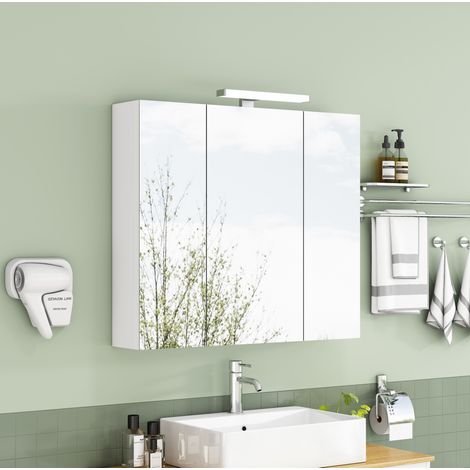 Mueble de baño con espejo de 80 cm, 3 puertas, LED, enchufe francés, blanco HAVRYA (1/5)