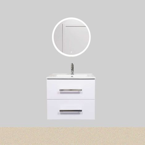 Meuble sous vasque suspendu Chania 60 cm Blanc brillant avec miroir rond LED 60cm